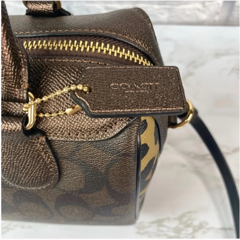 Coach Brown Signature Canvas Satchel with Leopard Accent